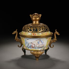 A FINE PAINTED ENAMEL BRONZE INCENSE BURNER WITH COVER