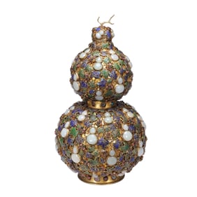 A WHITE JADE INLAID BRONZE-GILT DOUBLE GOURDS VASE
