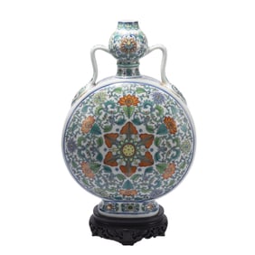 A DOUCAI FLOWERS PORCELAIN FLASK MOON VASE