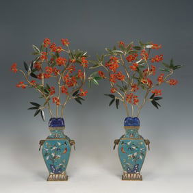 PAIR HARDSTONES INLAID CLOISONNE ENAMEL BONSAI