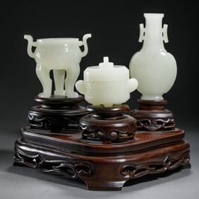 A FINE SET OF THREE CARVED WHITE JADE INCENSE TOOLS