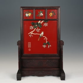 A CHINESE FINE HARDSTONES INLAID ANNATTO-WOOD HONGMU TABLE SCREEN