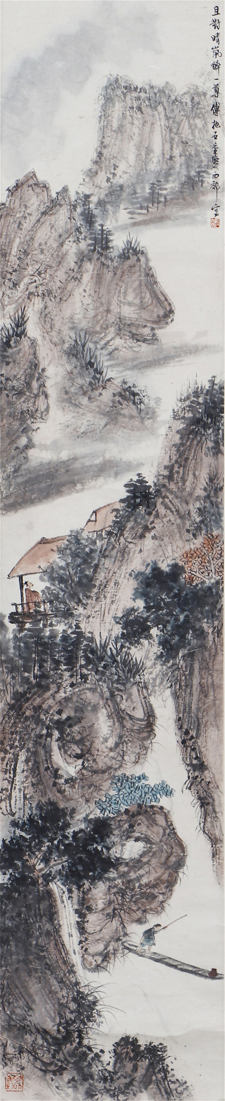 A CHINESE PAINTING OF ADMIRING SCENERY SIGNED FU BAOSHI: A CHINESE PAINTING OF ADMIRING SCENERY SIGNED FU BAOSHI Painting depicting admiring scenery, hanging scroll, ink and color on paper, inscribed, signed Fu Baoshi, with seals of artist. DIMENSIONS: Ima