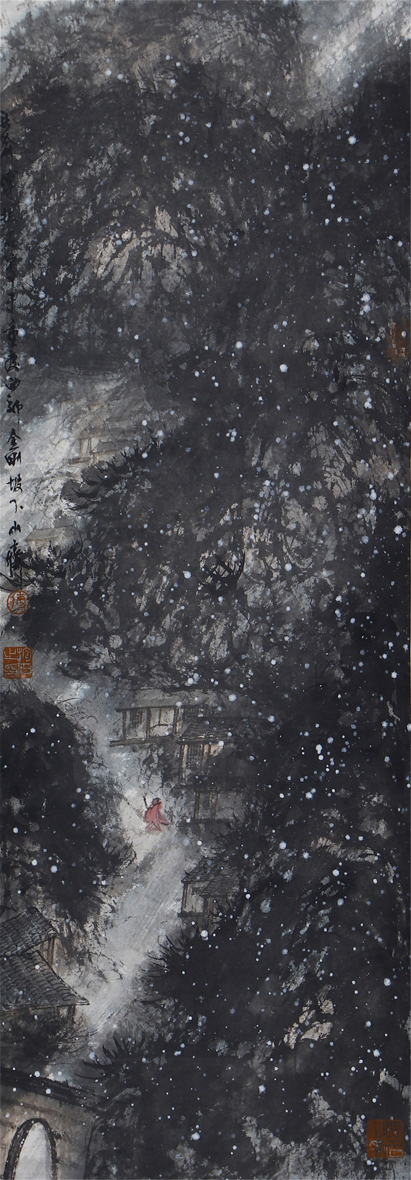 A CHINESE PAINTING OF FIGURAL STORY SIGNED FU BAOSHI: A CHINESE PAINTING OF FIGURAL STORY SIGNED FU BAOSHI Painting depicting figural story, hanging scroll, ink and color on paper, inscribed, signed Fu Baoshi, with seals of artist. DIMENSIONS: Image only