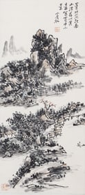 A CHINESE PAINTING OF RIVERBANK SCENERY SIGNED HUANG BINHONG