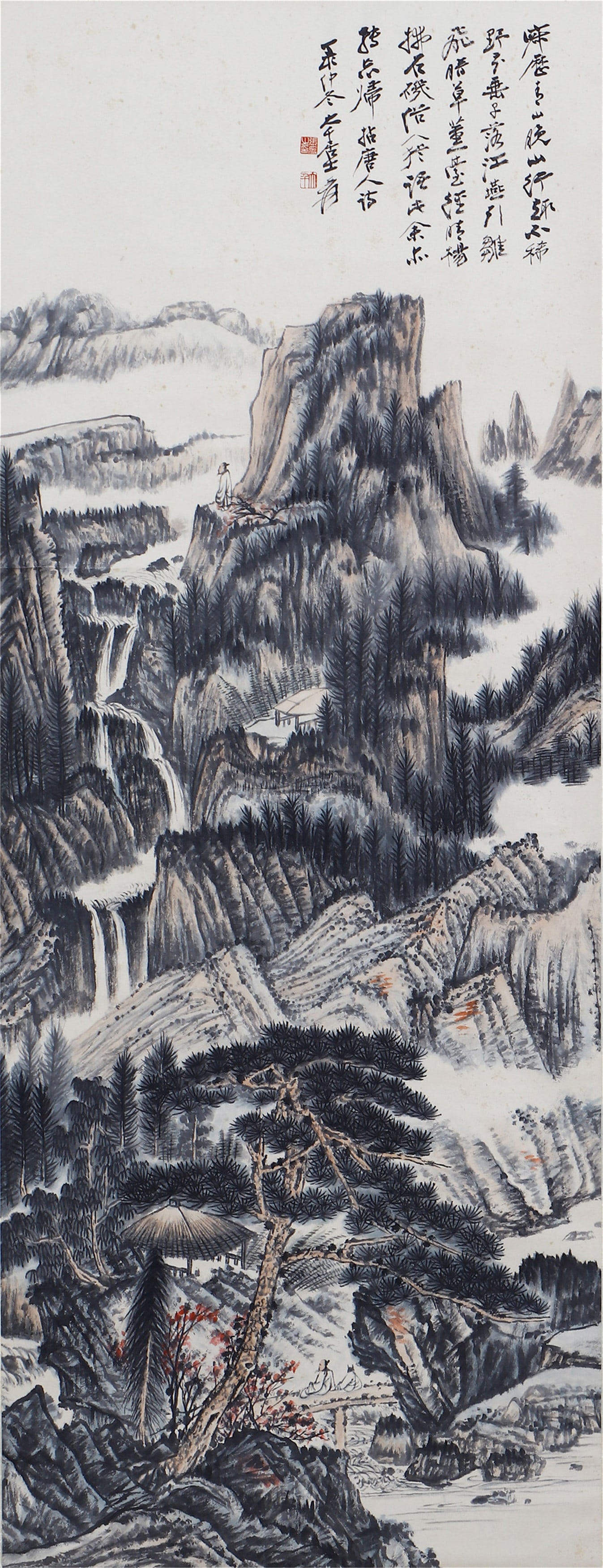 A CHINESE PAINTING OF RETURN TO RETREAT SIGNED ZHANG DAQIAN: A CHINESE PAINTING OF RETURN TO RETREAT SIGNED ZHANG DAQIAN Painting depicting return to retreat, hanging scroll, ink and color on paper, inscribed, signed Zhang Daqian, with seals of artist. DIMENSIO
