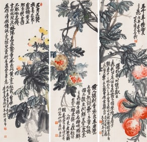 A SET OF THREE CHINESE PAINTINGS OF SEASONAL FRUITS SIGNED WU CHANGSHUO