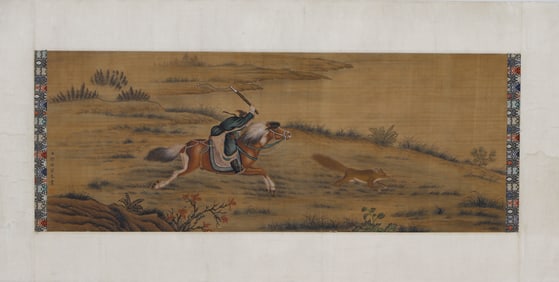 A CHINESE PAINTING OF HUNTING SCENE SIGNED LANG SHINING