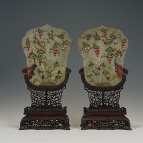 PAIR FINE HARDSTONES INLAID JADE TABLE SCREENS