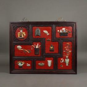 A CHINESE IMPERIAL HARDSTONES INLAID WOODEN HANGING PANEL