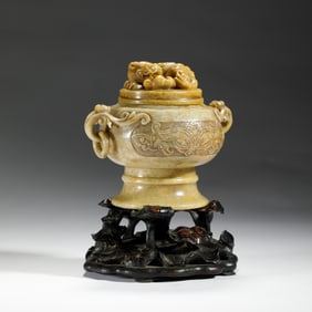A CARVED SHOUSHAN STONE CENSER WITH COVER