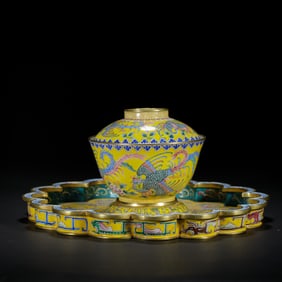 A FINE PAINTED ENAMEL PHOENIX CUP WITH STAND