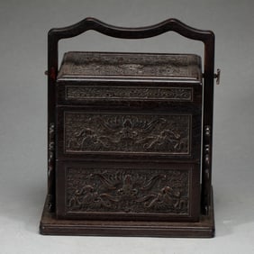 A CARVED ROSEWOOD ZITAN PICNIC BOX