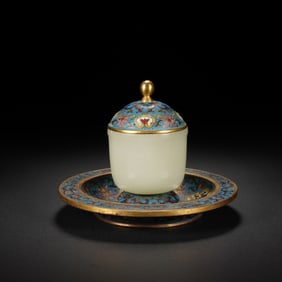 A CARVED WHITE JADE CUP WITH COVER AND STAND