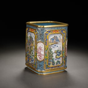 A PAINTED ENAMEL BRONZE BRUSHPOT