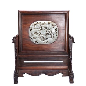 A CARVED WHITE JADE PLAQUE INLAID HUANGHUALI TABLE SCREEN