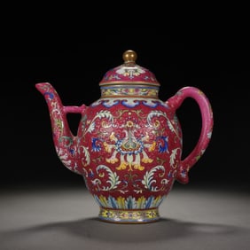A CHINESE YANGCAI GLAZE LOTUS SCROLLS TEAPOT