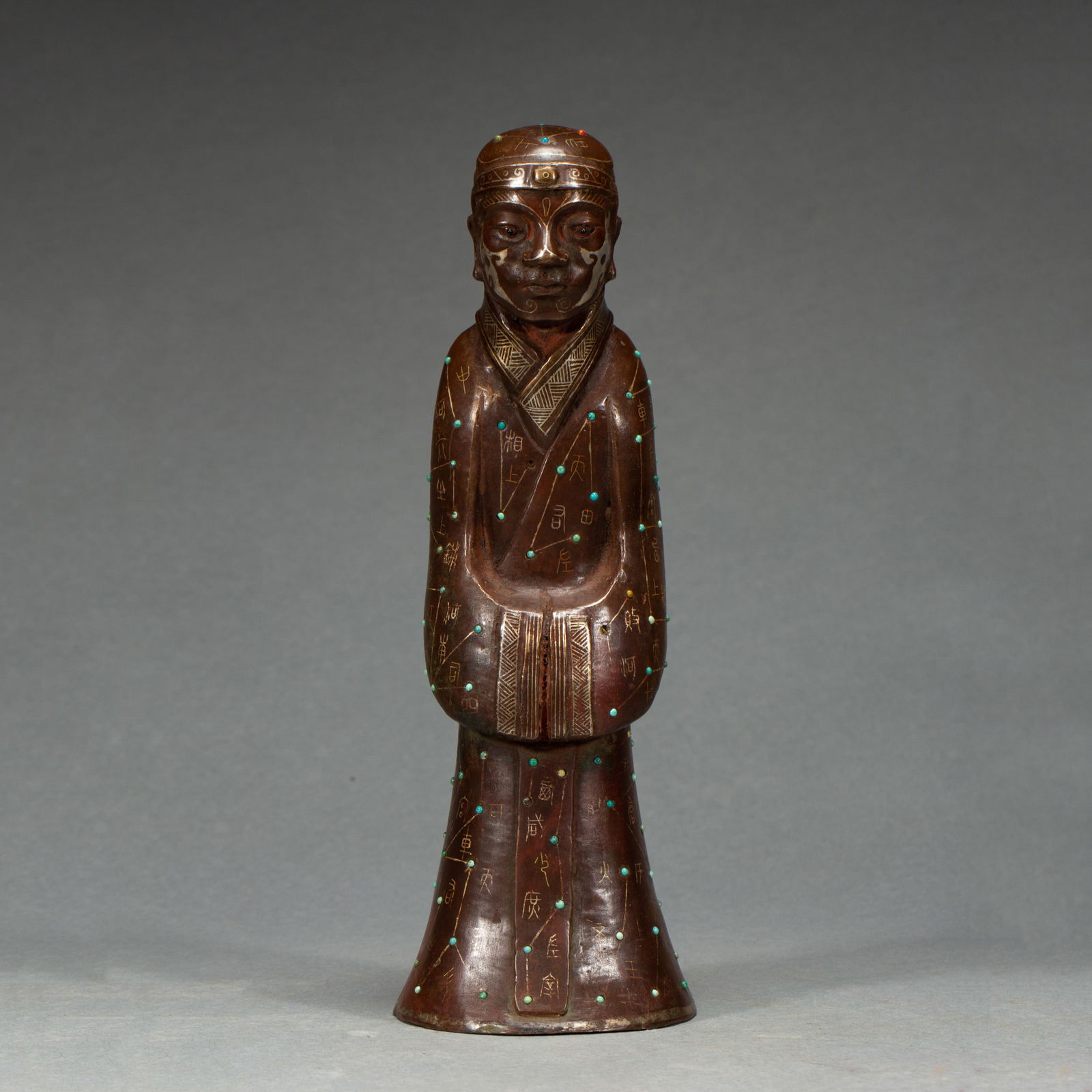 A GOLD AND SILVER INLAID BRONZE STANDING FIGURE (1 of 8)