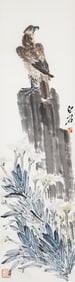 A CHINESE PAINTING OF FALCON ON ROCK SIGNED QI BAISHI