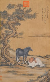 A CHINESE PAINTING OF HORSES SIGNED LANG SHINING