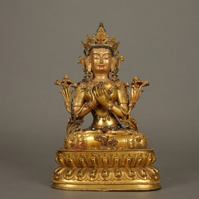A HARDSTONES INLAID BRONZE-GILT MAITREYA