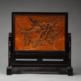 A CARVED BOXWOOD HUANGYANGMU PLAQUE INLAID ROSEWOOD TABLE SCREEN