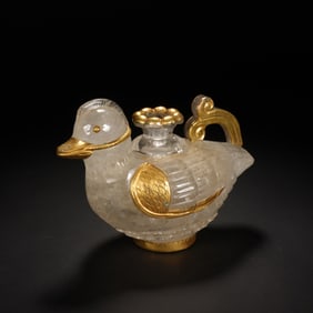 A CARVED ROCK CRYSTAL MANDARIN DUCK CANDLE STICK