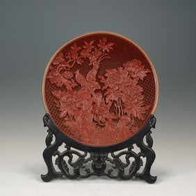 A CARVED CINNABAR LACQUER PHEASANTS DISH