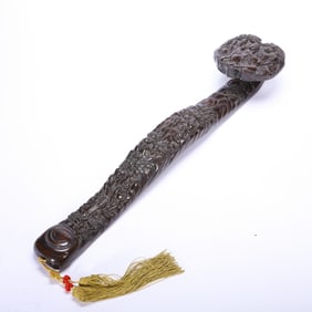 CARVED HARDWOOD RUYI SCEPTER WITH INTRICATE RELIEF MOTIFS