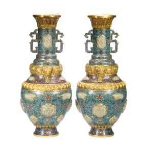 PAIR OF CLOISONNE VASES WITH JADE INLAYS & GILDED ACCENTS