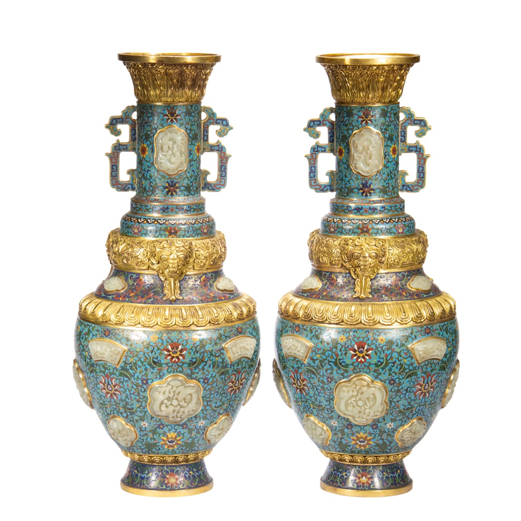 PAIR OF CLOISONNE VASES WITH JADE INLAYS & GILDED ACCENTS (1 of 10)