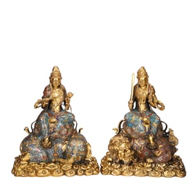 PAIR OF CLOISONNE BUDDHIST BODHISATTVA STATUES