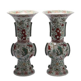 PAIR CHINESE WUCAI GLAZE PORCELAIN VASES