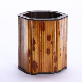 OCTAGONAL HARDWOOD INLAID BAMBOO BRUSH POT