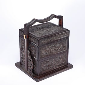 A CARVED ROSEWOOD ZITAN PICNIC BOX