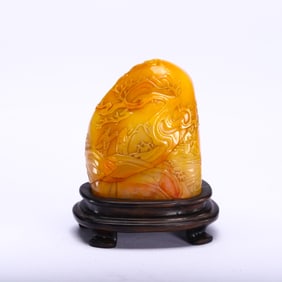 SHOUSHAN STONE LANDSCAPE CARVING ON WOODEN DISPLAY BASE