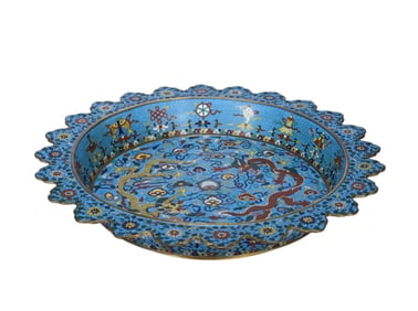 CLOISONNE DRAGON-PATTERNED FLOWER-RIM DISH