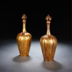 PAIR OF GILT BRONZE VASES WITH PHOENIX MOTIFS & LOTUS FINIALS