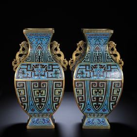 PAIR OF CLOISONNE SQUARE VASES WITH KUI-DRAGON HANDLES