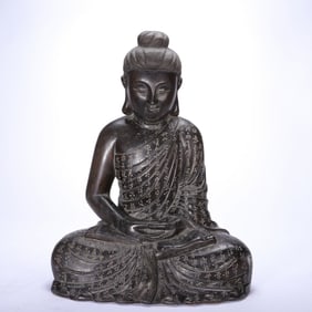 HARDWOOD MEDITATING BUDDHA STATUE WITH ENGRAVED SCRIPT
