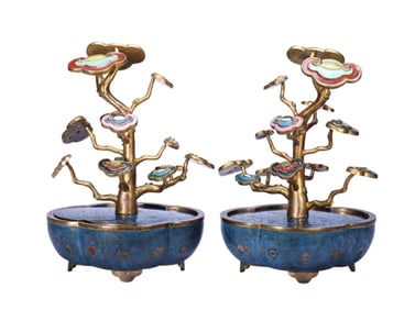 PAIR OF CLOISONNE RUYI TREE ORNAMENTS