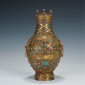 GILDED METAL VASE INLAID WITH TURQUOISE