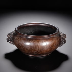 A SILVER INLAID BRONZE BOMBE CENSER