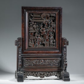 A CARVED HUANGHUALI FIGURAL STORY TABLE SCREEN