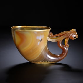 BANDED AGATE CUP WITH GILT & DRAGON HANDLE