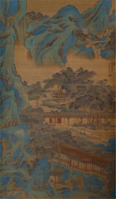 CHINESE PAINTING BLUE-AND-GREEN LANDSCAPE WITH PAVILIONS