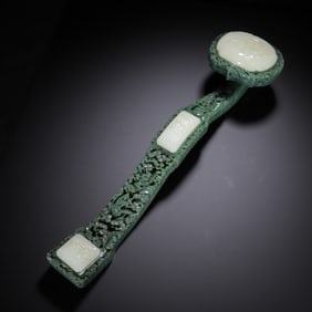 GREEN JADE RUYI WITH WHITE JADE PLAQUES