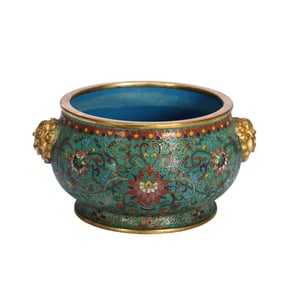 CLOISONNE FLORAL CENSER WITH GILDED LION HANDLES