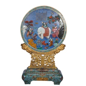 CLOISONNE MIXED-TREASURE INLAY "ELEPHANT WASHING" TABLE SCREEN
