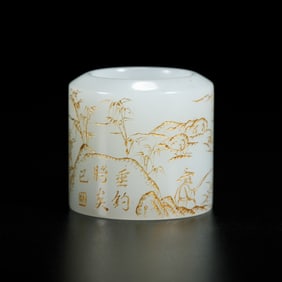 A FINE WHITE JADE LANDSCAPE ARCHER RING